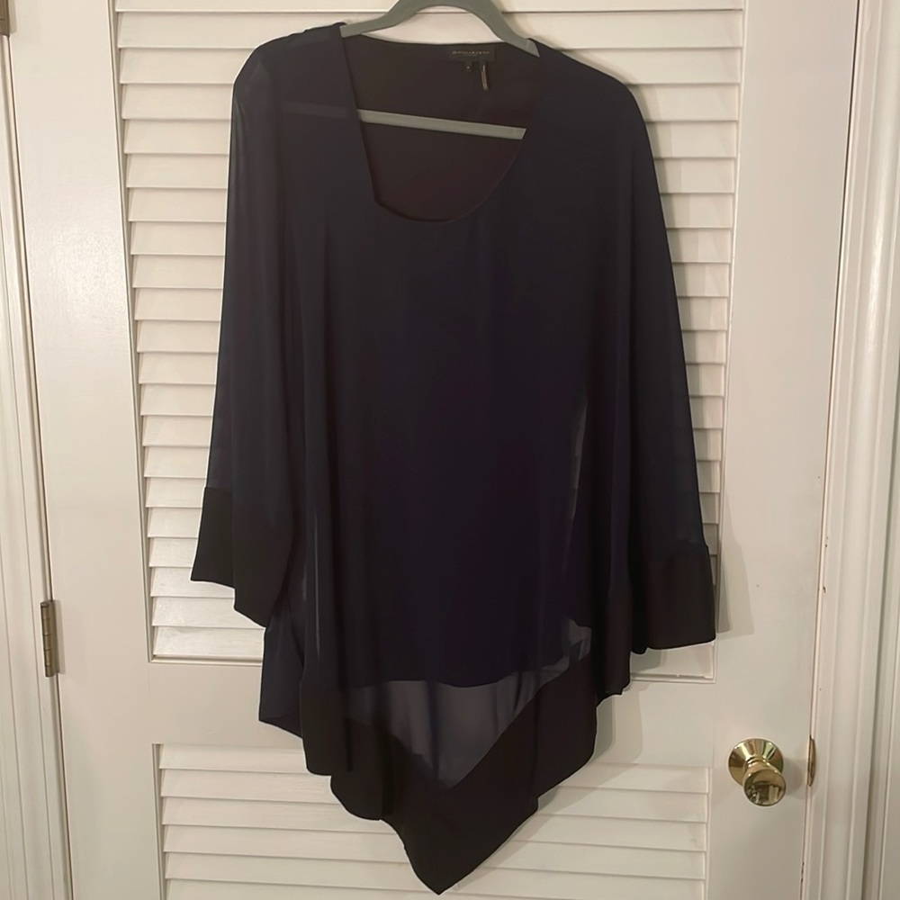 Donna Karan Silk Overlay Asymmetrical Navy Blue on Black Blouse Tunic